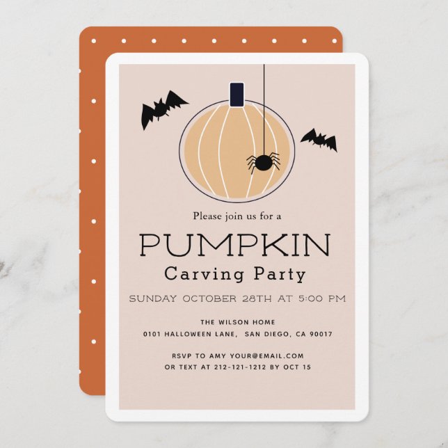 Pumpkin Carving Party Modern Beige Halloween Invitation (Front/Back)