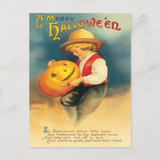 Pumpkin Carving Vintage Postcard (Front)