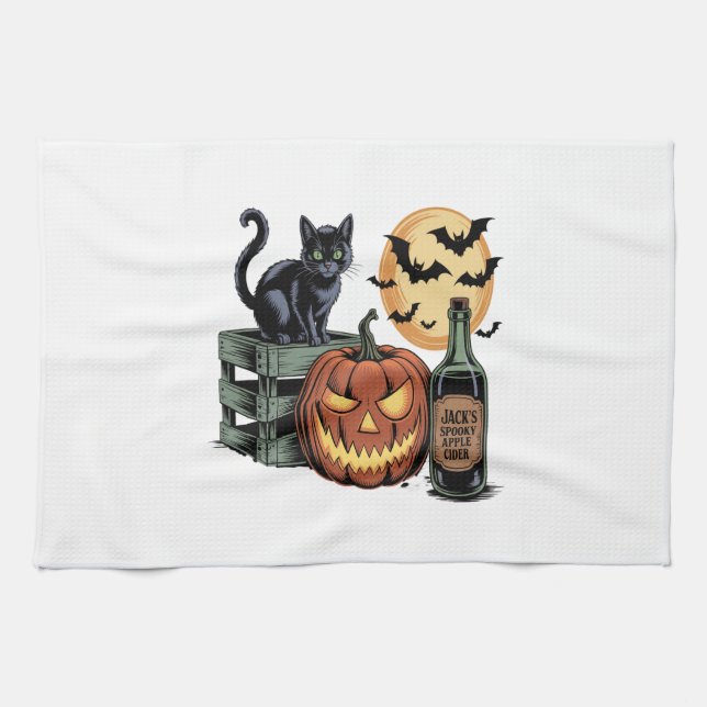 Pumpkin Cat Beer Halloween Tea Towel (Horizontal)