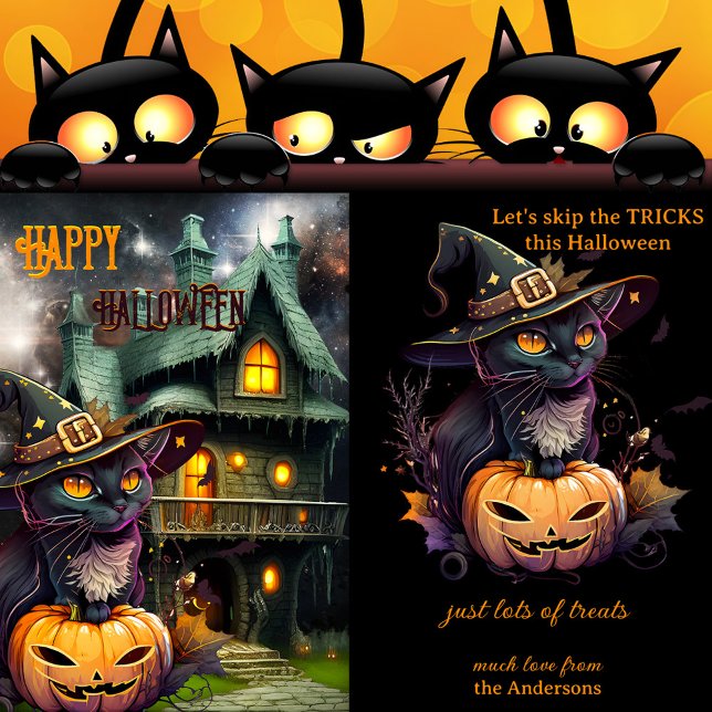 Pumpkin Cat Fantasy Halloween Holiday Card (Halloween card featuring a kitty wearing a witch hat, with a pumpkin and haunted house with bats)