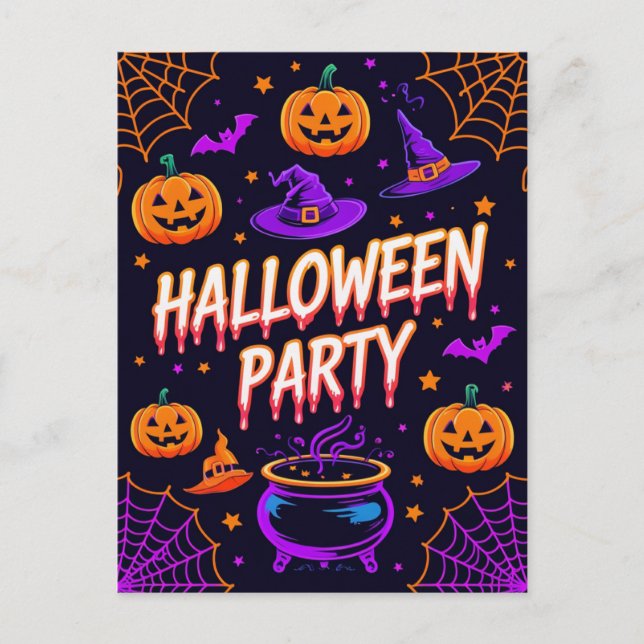 Pumpkin Cauldron Halloween Party Invite Postcard (Front)