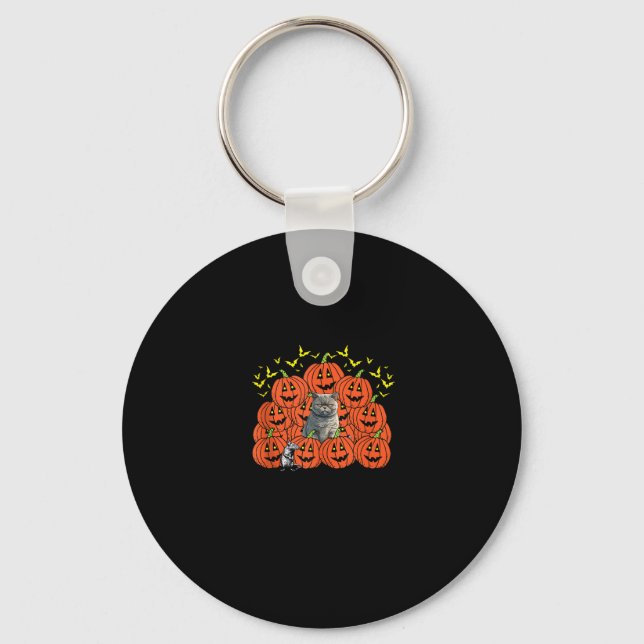 Pumpkin Chartreux Cat Halloween Kitten Jack O Lant Key Ring (Front)