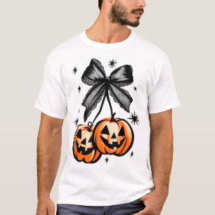 Pumpkin Cherries Coquette Bow Halloween Autumn  T-Shirt