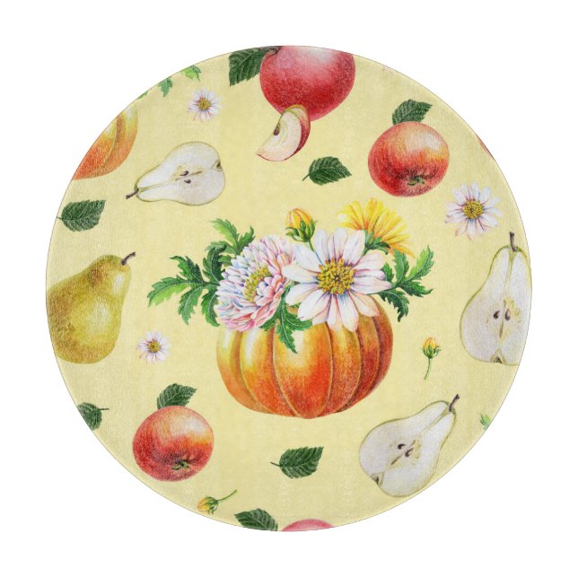 Pumpkin, chrysanthemum: autumn fruit illustration. cutting board (Front)