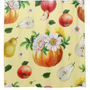 Pumpkin, chrysanthemum: autumn fruit illustration. shower curtain