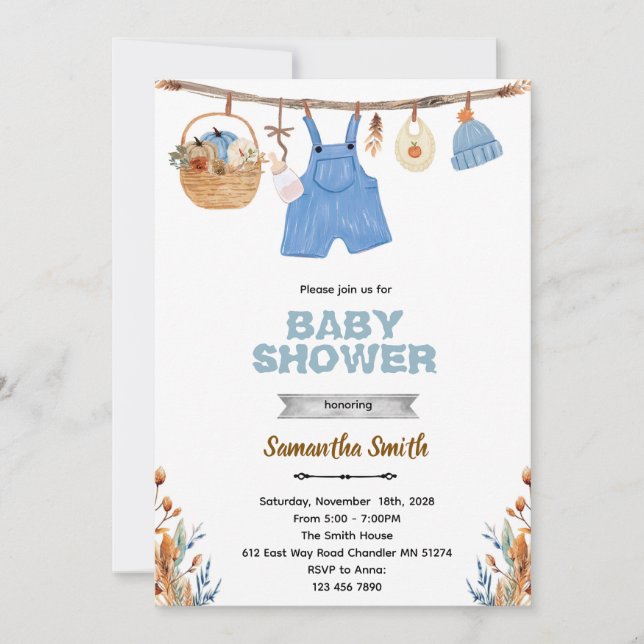 Pumpkin clothesline boy baby shower invitation  (Front)