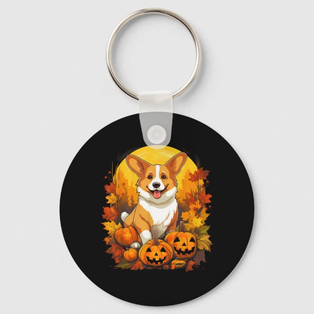 Pumpkin Corgi Dog Halloween Thanksgiving Key Ring (Front)