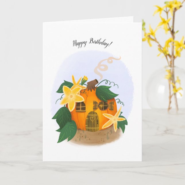 Pumpkin Cottage Fall Autumn Birthday Card (Yellow Flower)