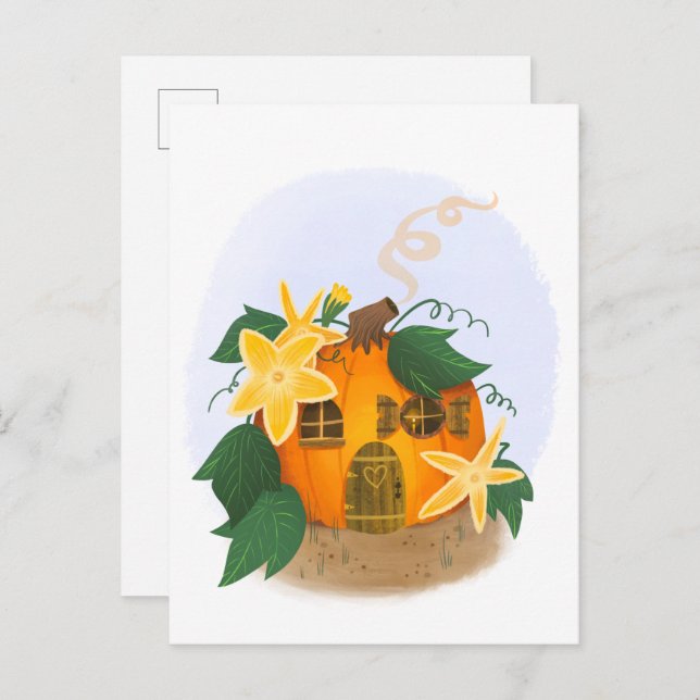 Pumpkin Cottage with Yellow Flowers Postcard (Front/Back)