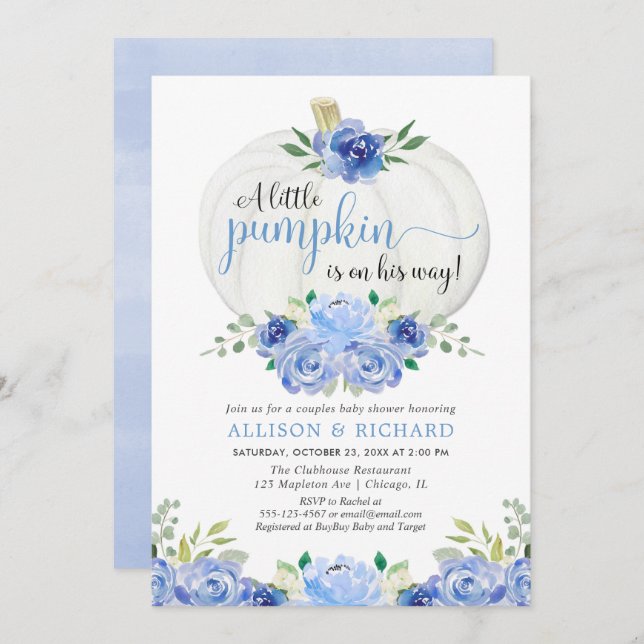 Pumpkin couples baby shower, fall blue greenery invitation (Front/Back)
