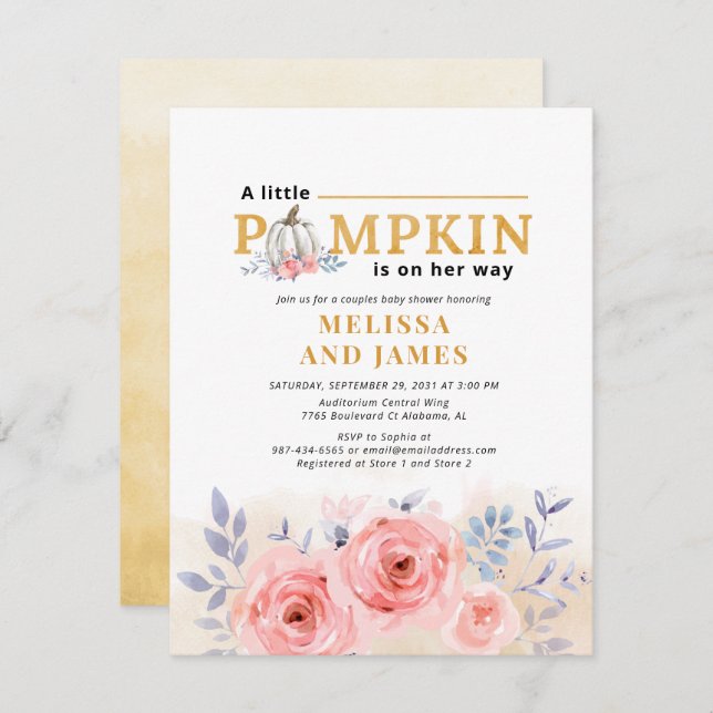 Pumpkin Couples Baby Shower Floral Invitation (Front/Back)