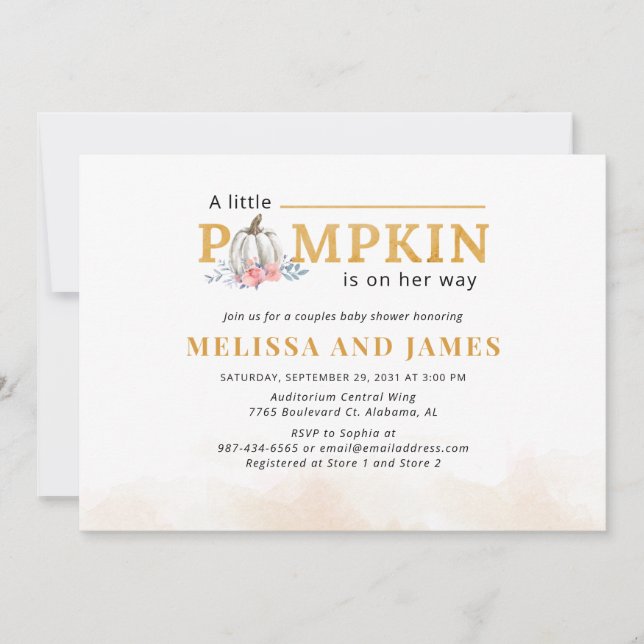 Pumpkin Couple's Baby Shower Pink Floral Invitation (Front)