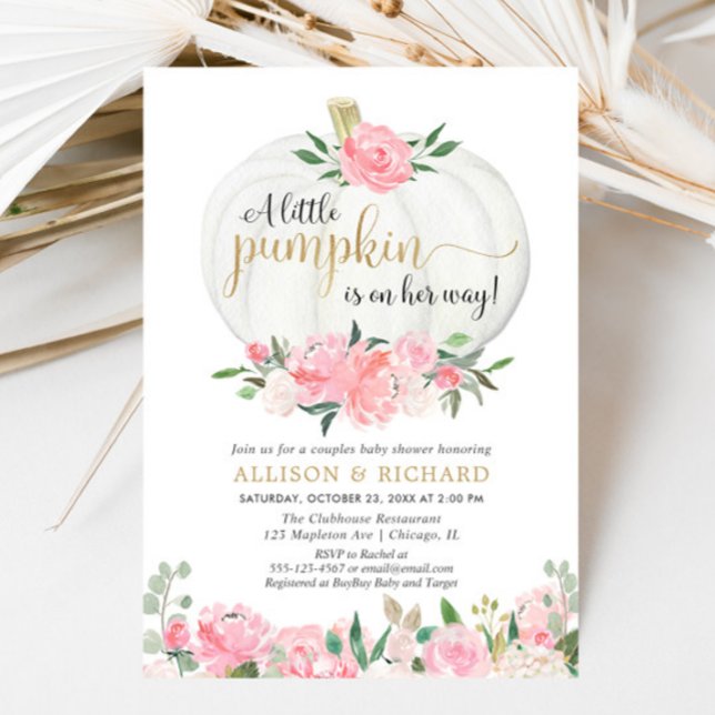 Pumpkin couples baby shower, pink gold elegant invitation (Creator Uploaded)
