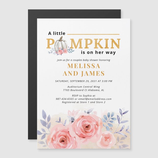 Pumpkin Couples Baby Shower Watercolor Lilac Pink Magnetic Invitation (Front/Back)