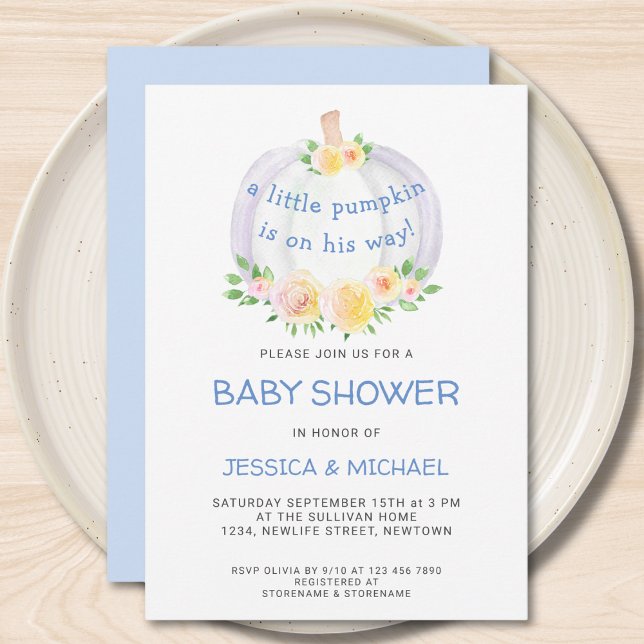 Pumpkin Couples Boys Blue Baby Shower Invitation (Creator Uploaded)