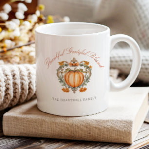 Pumpkin Crest Script Thankful Grateful Blessed Coffee Mug