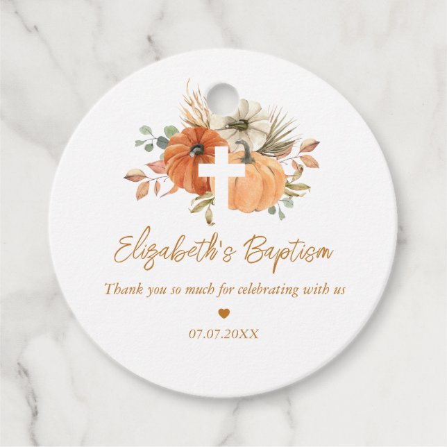 Pumpkin Cross Fall Baptism Favour Tags (Front)