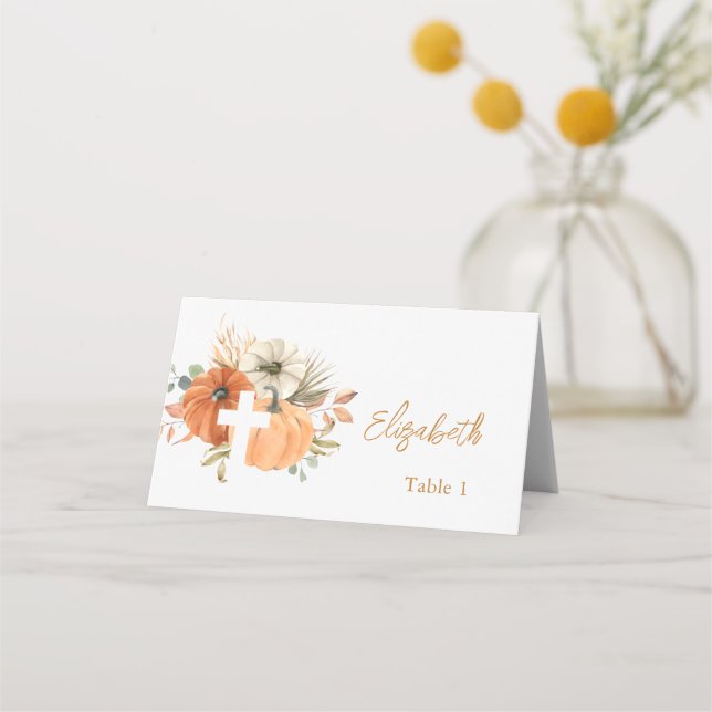 Pumpkin Cross Fall Baptism Place Card (Front)