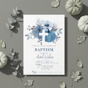 Pumpkin Cross Fall Boy Baptism Dusty Blue Invitation