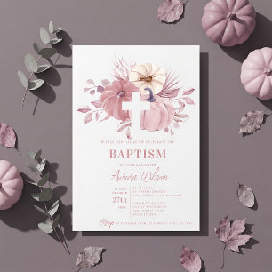 Pumpkin Cross Fall Girl Baptism Dusty Pink Invitation
