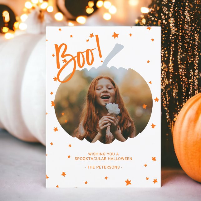 Pumpkin cut out boo Halloween white orange photo Card (Pumpkin cut out boo Halloween white orange photo Card)