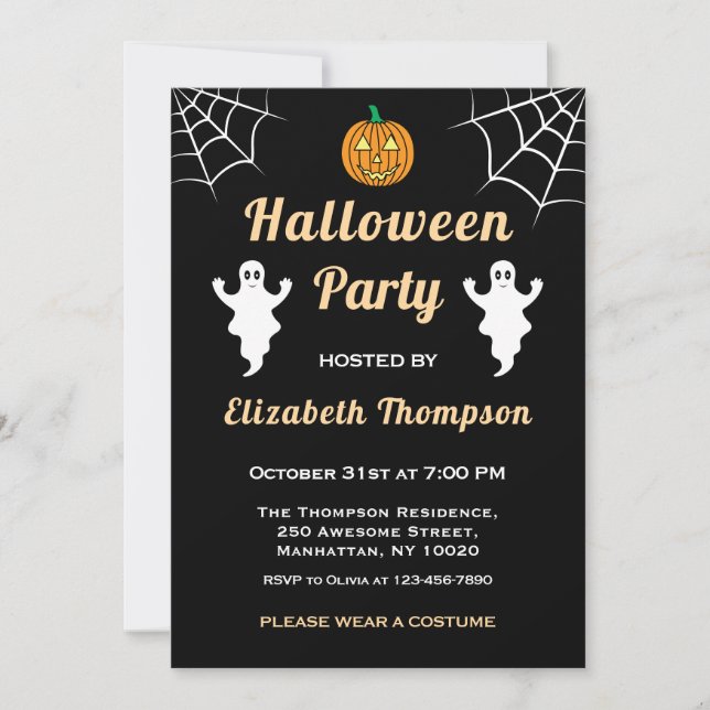 Pumpkin Cute Ghost Spider Web Fun Halloween Party Invitation (Front)