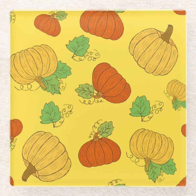 Pumpkin Doodle: Hand Drawn Seamless Glass Coaster (Front)