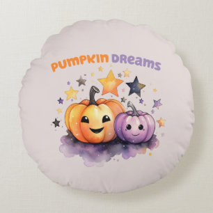 Pumpkin Dreams – Cute Pastel Purple and Orange Round Cushion