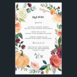 Pumpkin Elegant Fall Floral Wedding Menu Cards<br><div class="desc">Design features an elegant watercolor floral wreath in shades of burgundy red, orange, ivory white, blush pink and more over fall botanical greenery. An autumn beautiful pumpkin is part of the template with chrysanthemums, dahlias, roses, and more . Design also features modern typography with a monogram design at the bottom....</div>