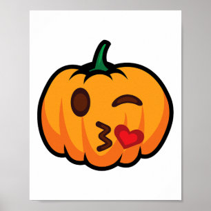 Pumpkin Emoji One Eye Open Wink Blow Kiss Love Fun Poster