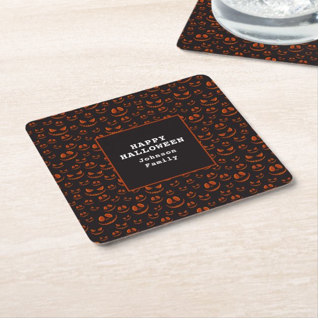 Pumpkin Eyes and Grins in Black Halloween Party Square Paper Coaster (Angled)