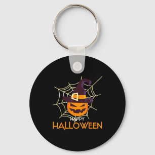 Pumpkin face jack o lantern spider web halloween key ring