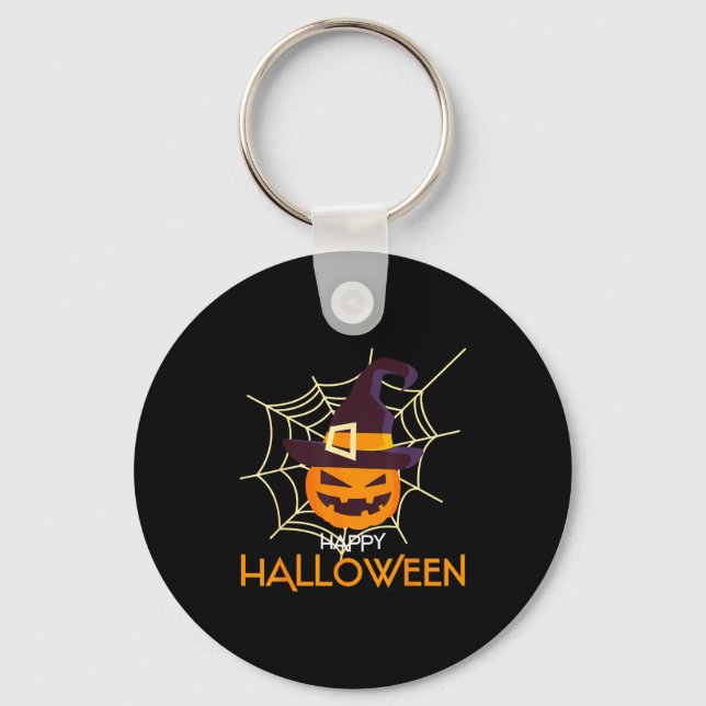 Pumpkin face jack o lantern spider web halloween  key ring (Front)