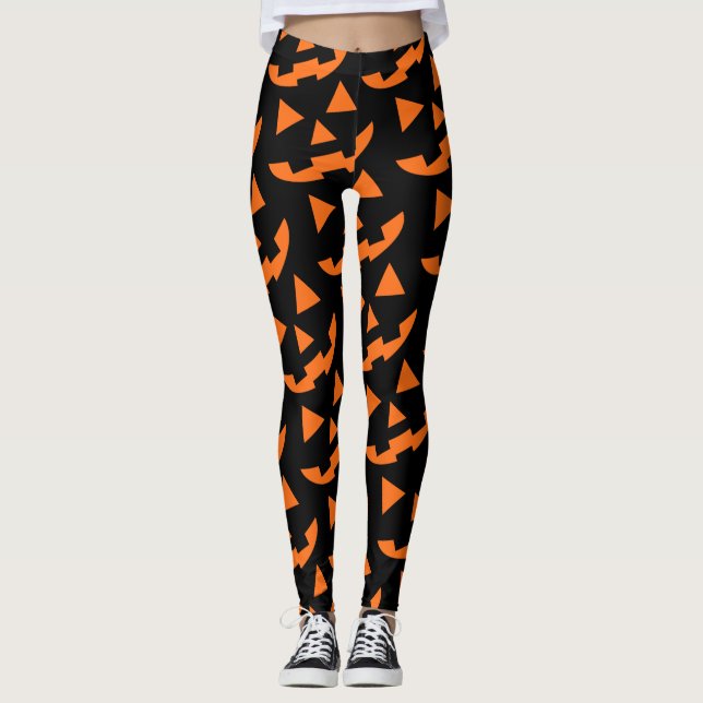 Pumpkin Face Print Halloween  Leggings (Front)