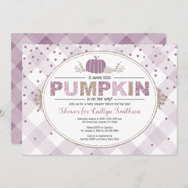 Pumpkin fall baby shower gingham confetti purple invitation (Front/Back)