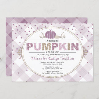 Pumpkin fall baby shower gingham confetti purple invitation