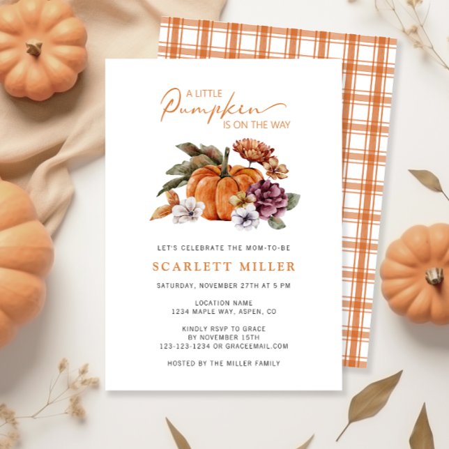 Pumpkin Fall Baby Shower Invitation (A Little Pumpkin Is On The Way Baby Shower Invitation Fall Autumn Watercolor Floral)