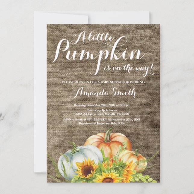 Pumpkin Fall Baby Shower Invitation Burlap (Front)