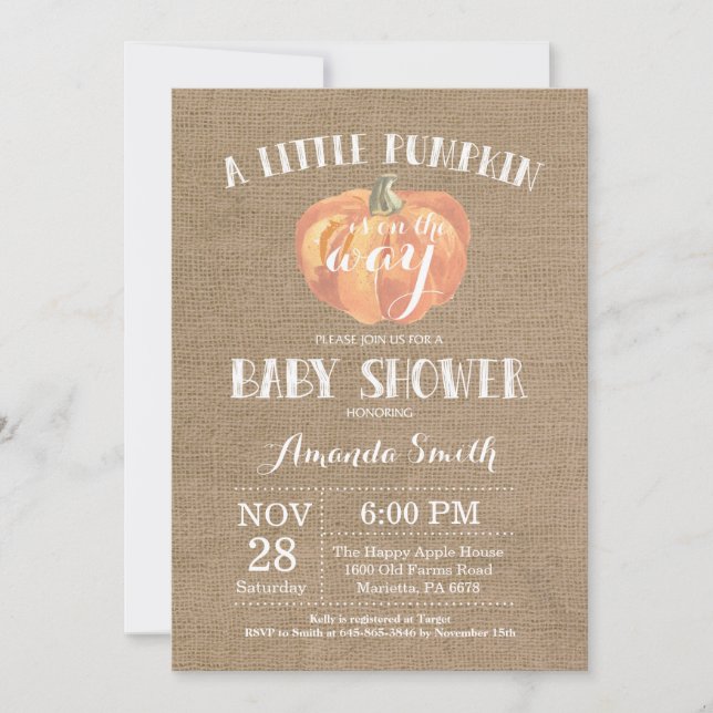 Pumpkin Fall Baby Shower Invitation Burlap (Front)