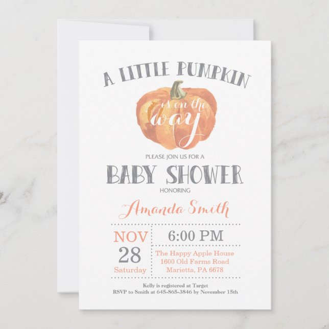 Pumpkin Fall Baby Shower Invitation Orange Grey (Front)
