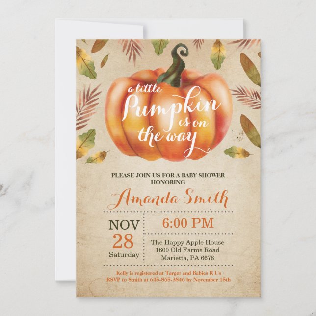 Pumpkin Fall Baby Shower Invitation Rustic Vintage (Front)