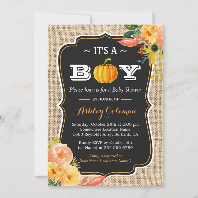 Pumpkin Fall Baby Shower It's A Boy Rustic Burlap Invitation (Front)