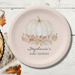 Pumpkin Fall Baby Shower  Paper Plate<br><div class="desc">This cute fall baby shower paper plate features a watercolor pumpkin and foliage on a soft beige background. Perfect for a gender-neutral baby shower. Easily customisable. Because we create our artwork you won't find this exact image from other designers. Original Watercolor © Michele Davies.</div>