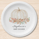 Pumpkin Fall Baby Shower  Paper Plate<br><div class="desc">This cute fall baby shower paper plate features a watercolor white pumpkin and soft pastel foliage. Perfect for a gender-neutral baby shower. Easily customisable. Because we create our artwork you won't find this exact image from other designers. Original Watercolor © Michele Davies.</div>