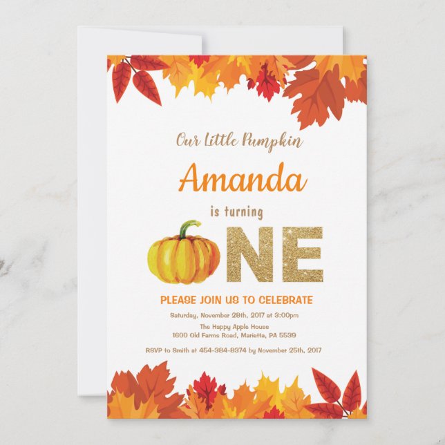 Pumpkin Fall Birthday Invitation Gold Glitter (Front)
