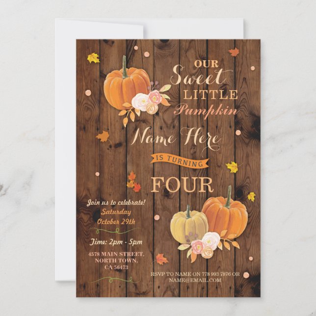 Pumpkin Fall Birthday Party Rustic Wood Invitation (Front)