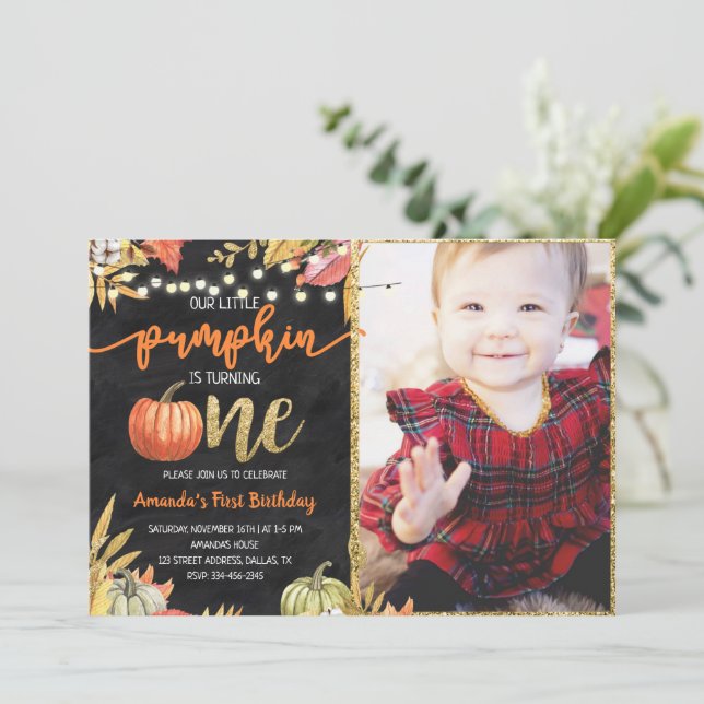 Pumpkin Fall Chalkboard First Birthday  Invitation (Standing Front)