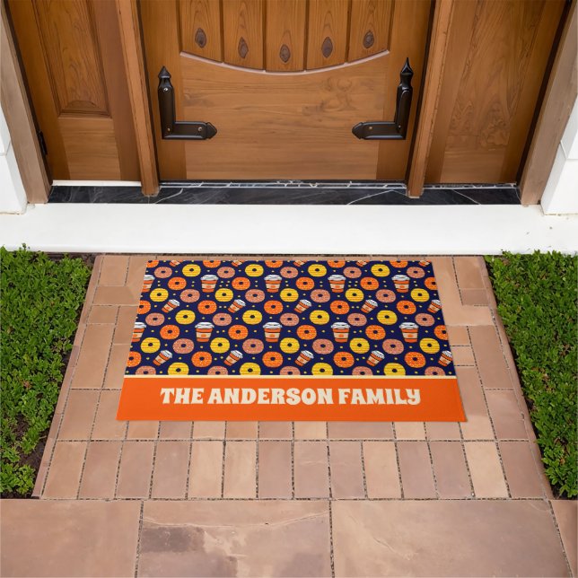 Pumpkin Fall Doughnuts & Coffee Thanksgiving Blue Doormat (Outdoor)