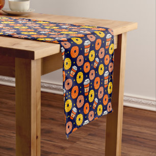 Pumpkin Fall Doughnuts & Coffee Thanksgiving Blue Short Table Runner