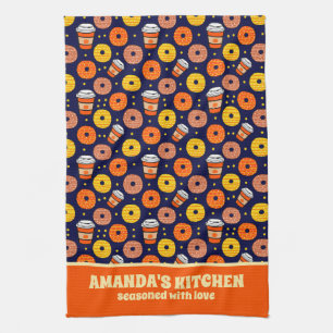 Pumpkin Fall Doughnuts & Coffee Thanksgiving Blue Tea Towel